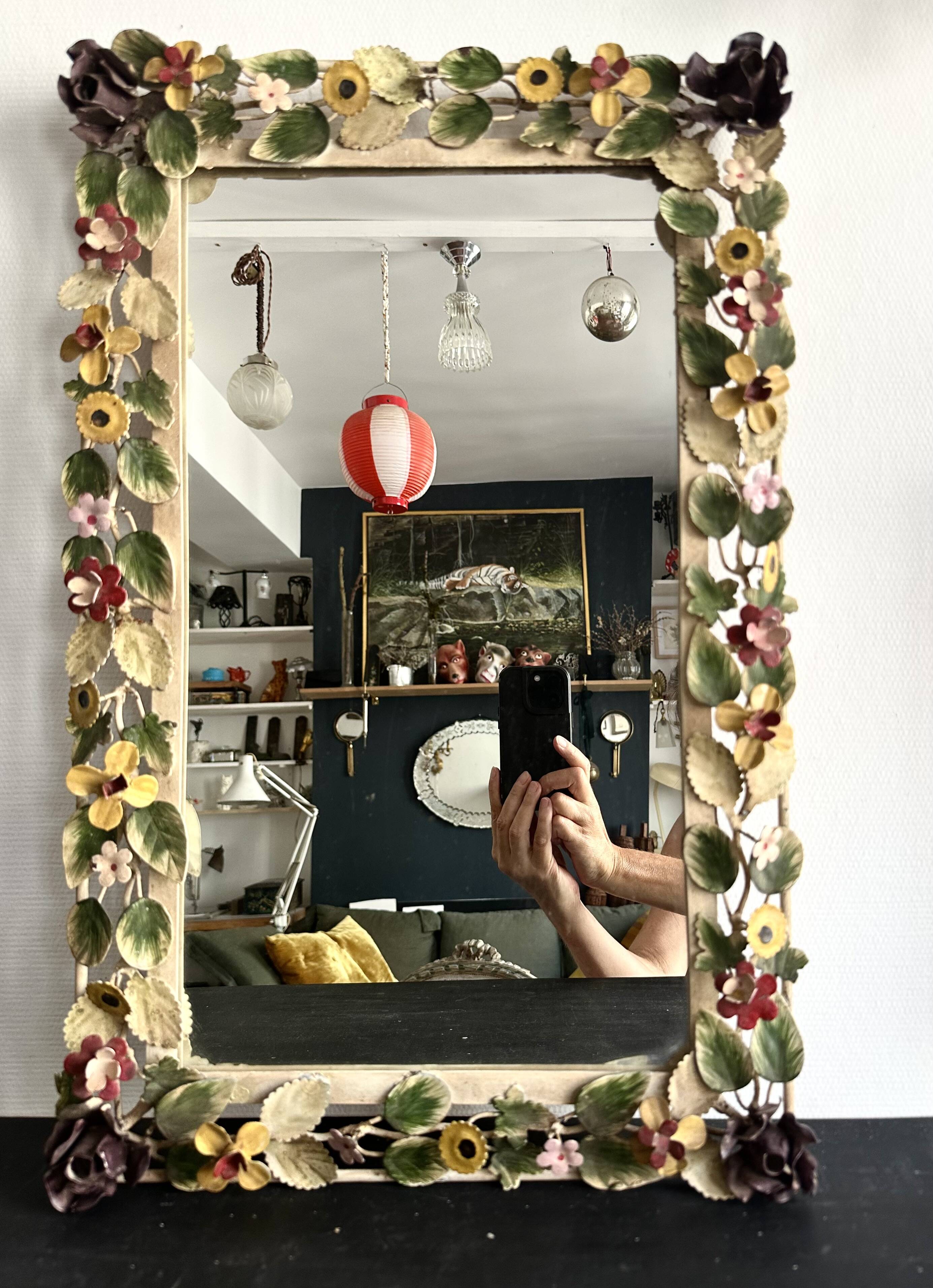 Italian wall mirror in polychrome floral metal, 1950s