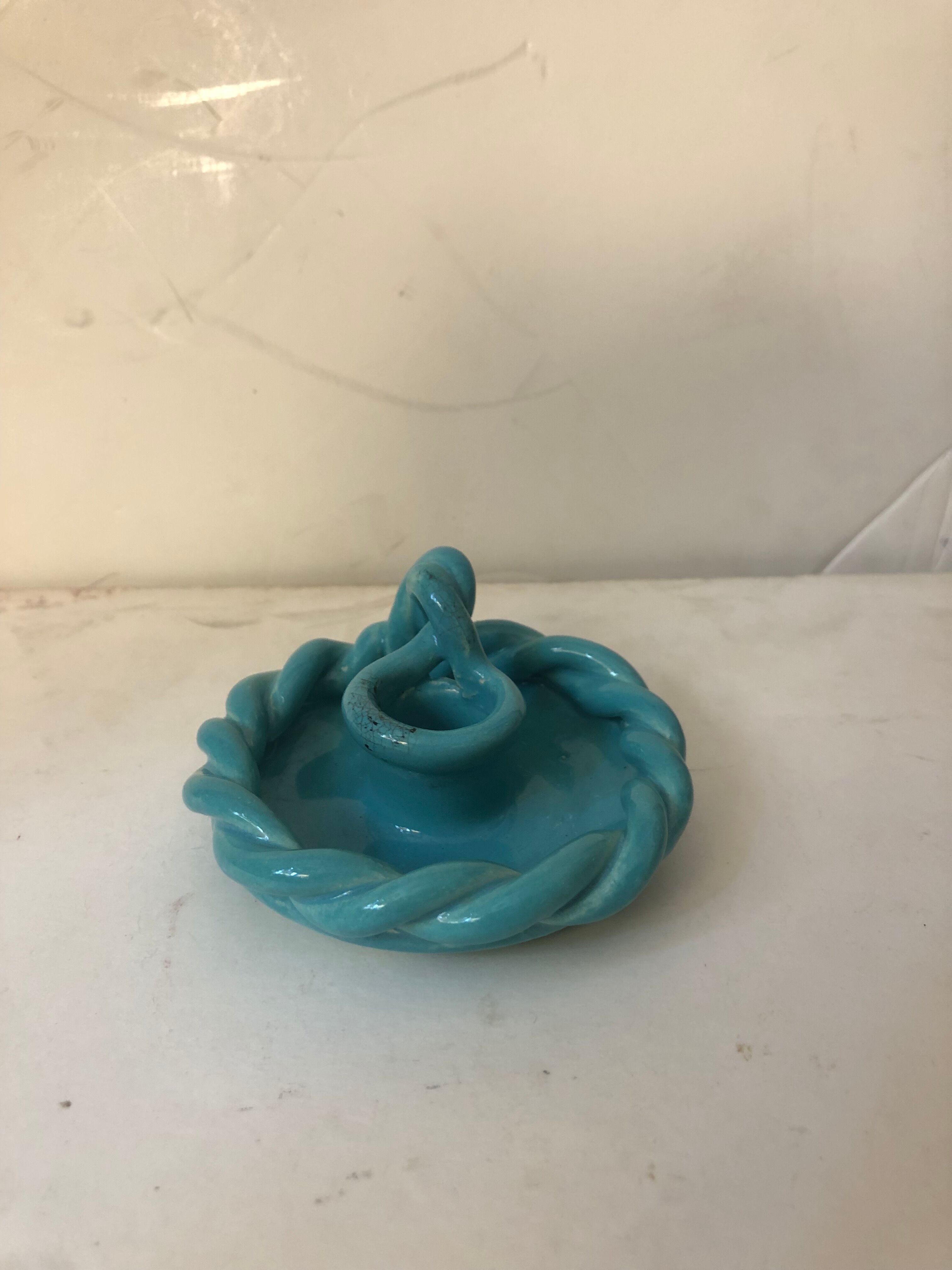 Turquoise earthenware candle holder and ashtray