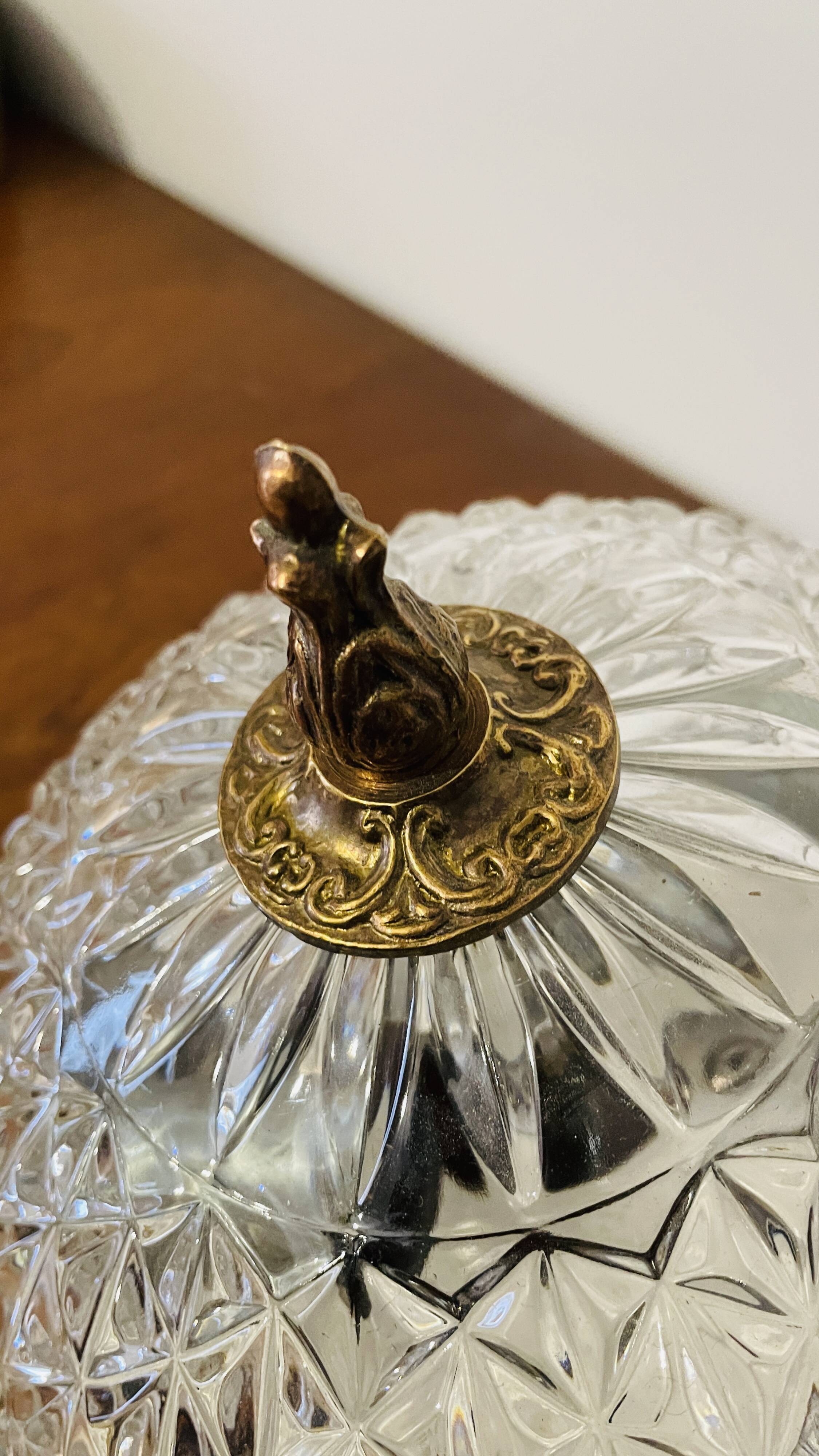 Cut crystal ceiling light with a brass frame