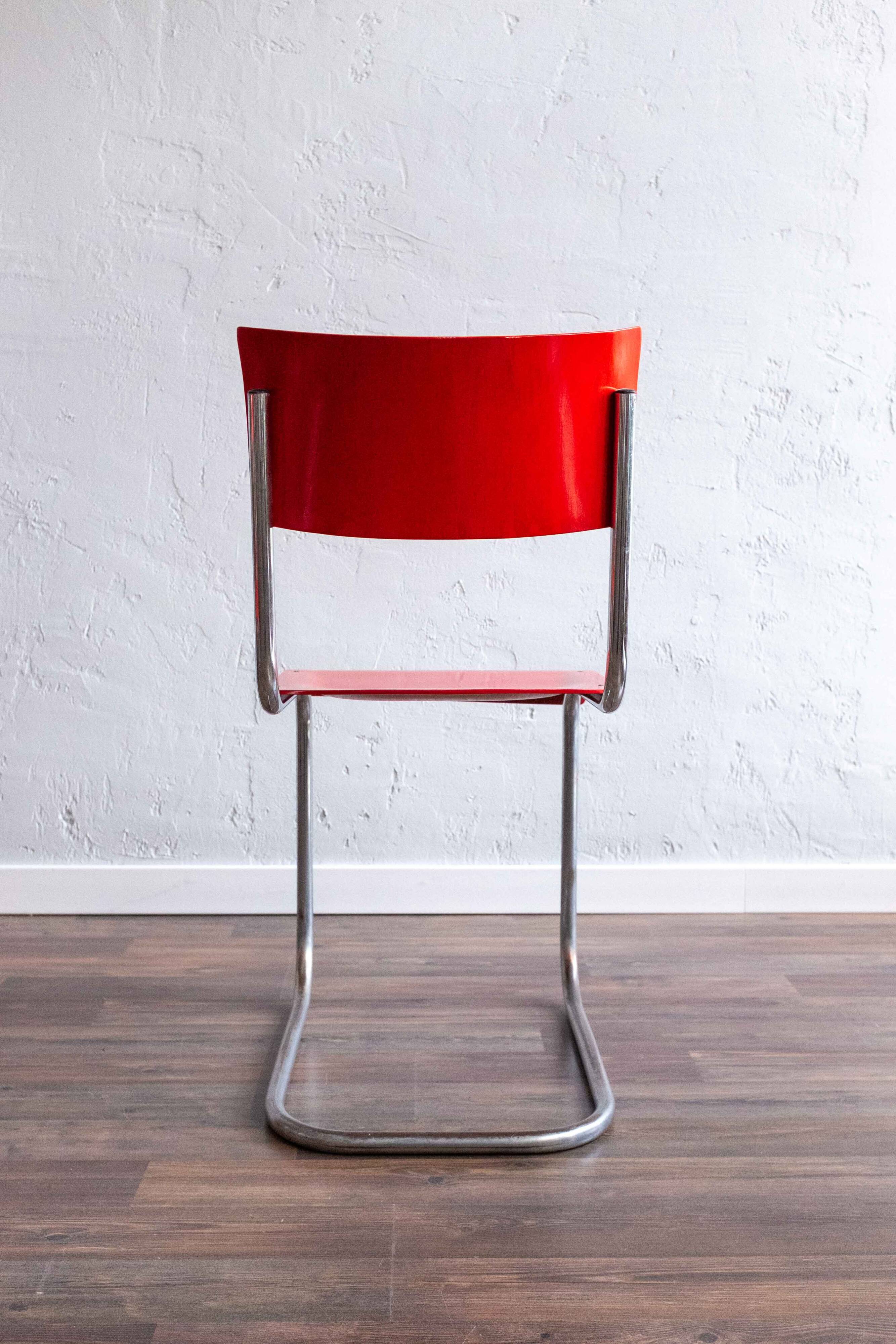 Functionalist Bauhaus Style Red Dining Chairs By Kovona, 1940s