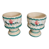 Pair of vintage earthenware egg cups with hand-painted decoration