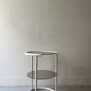 Tubular space age serving table in white metal and pink smoked glass, 1970s design