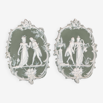 2 WEDGWOOD Cameo Plates Biscuit gallant scene forming pendant
