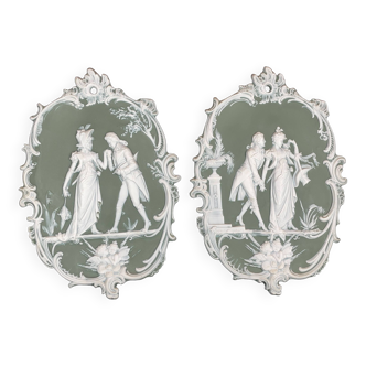 2 WEDGWOOD Cameo Plates Biscuit gallant scene forming pendant