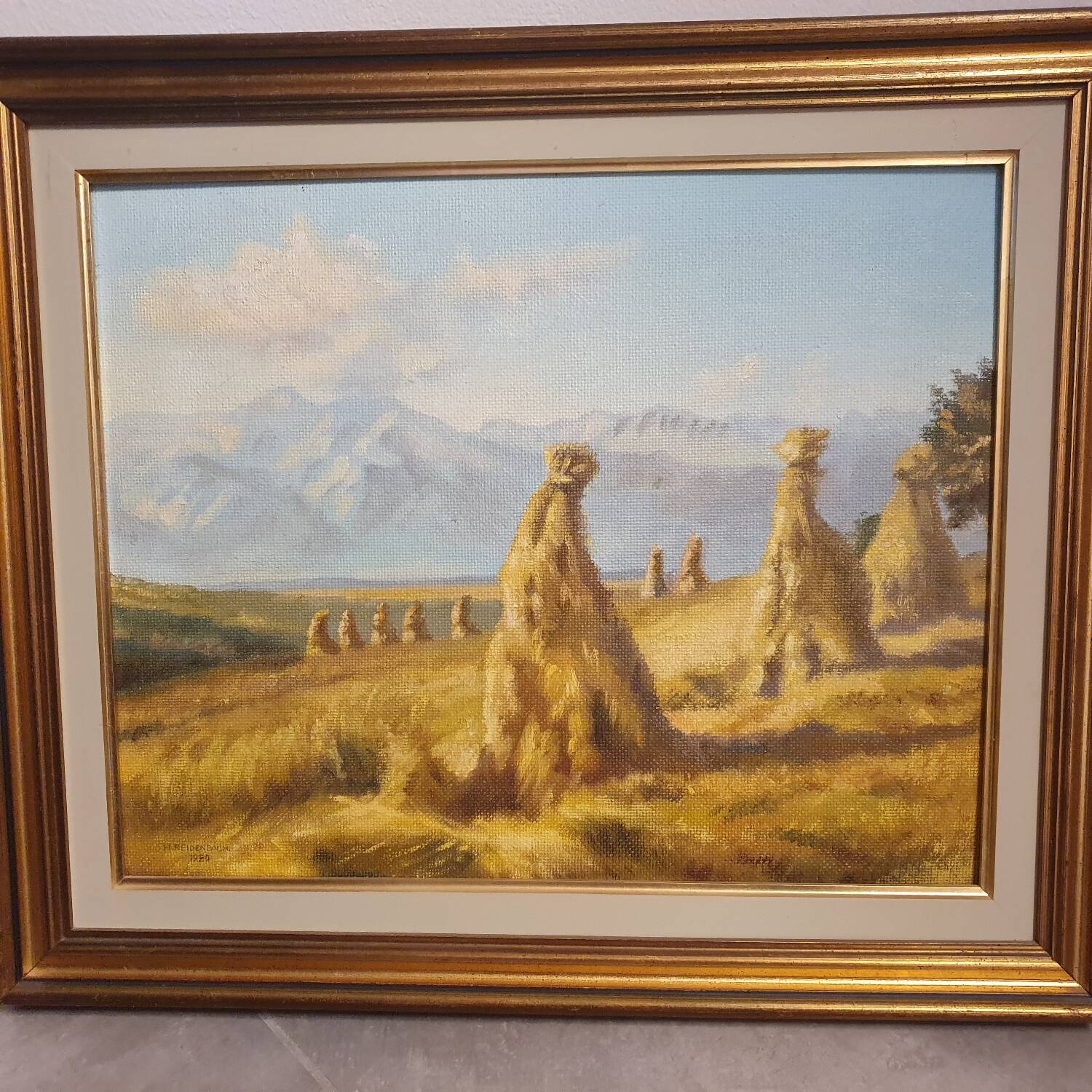 Oil painting on wood, harvest landscape