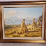 Oil painting on wood landscape harvest
