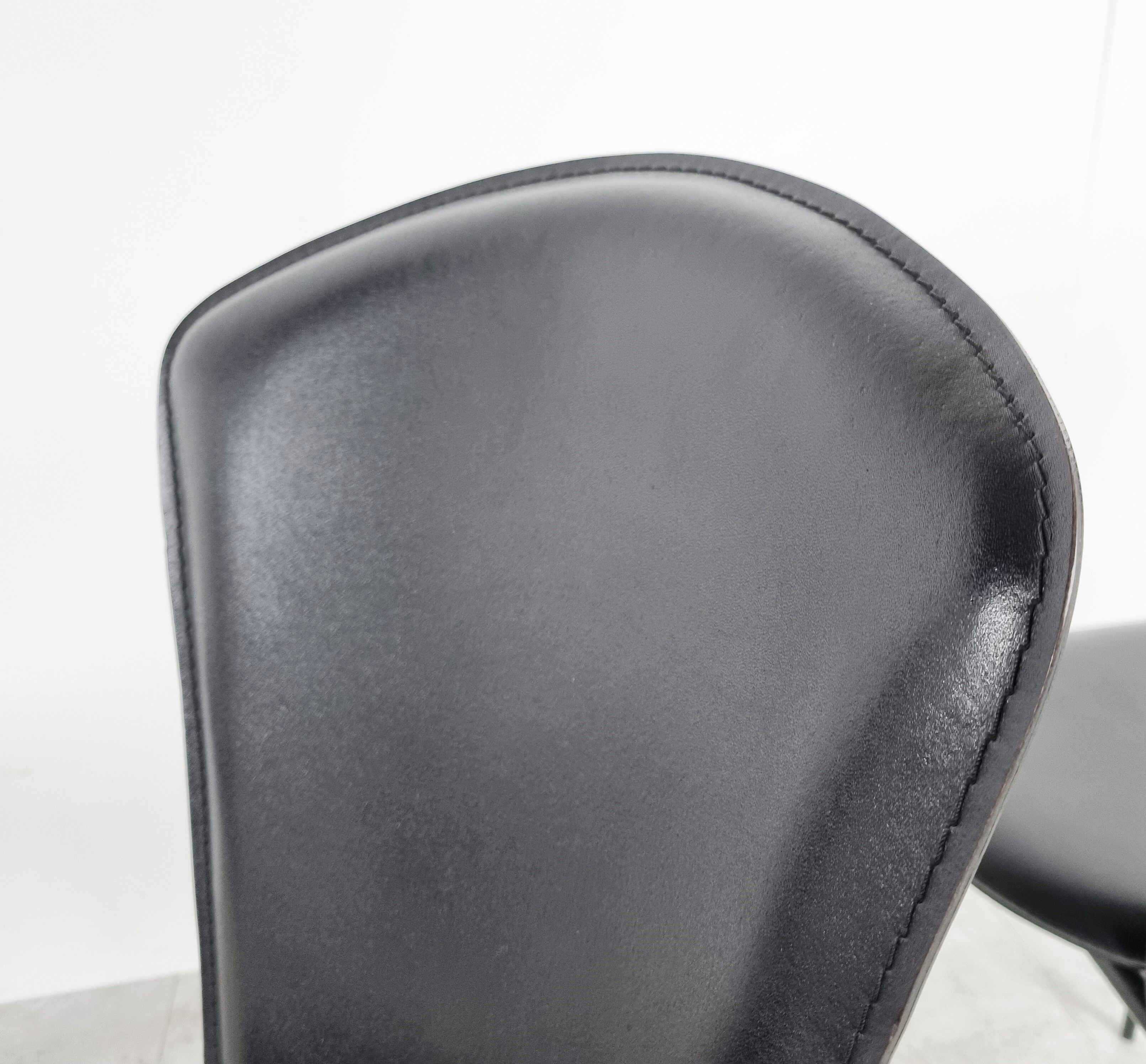 Vintage black leather dining chairs, set of 6, 1980s