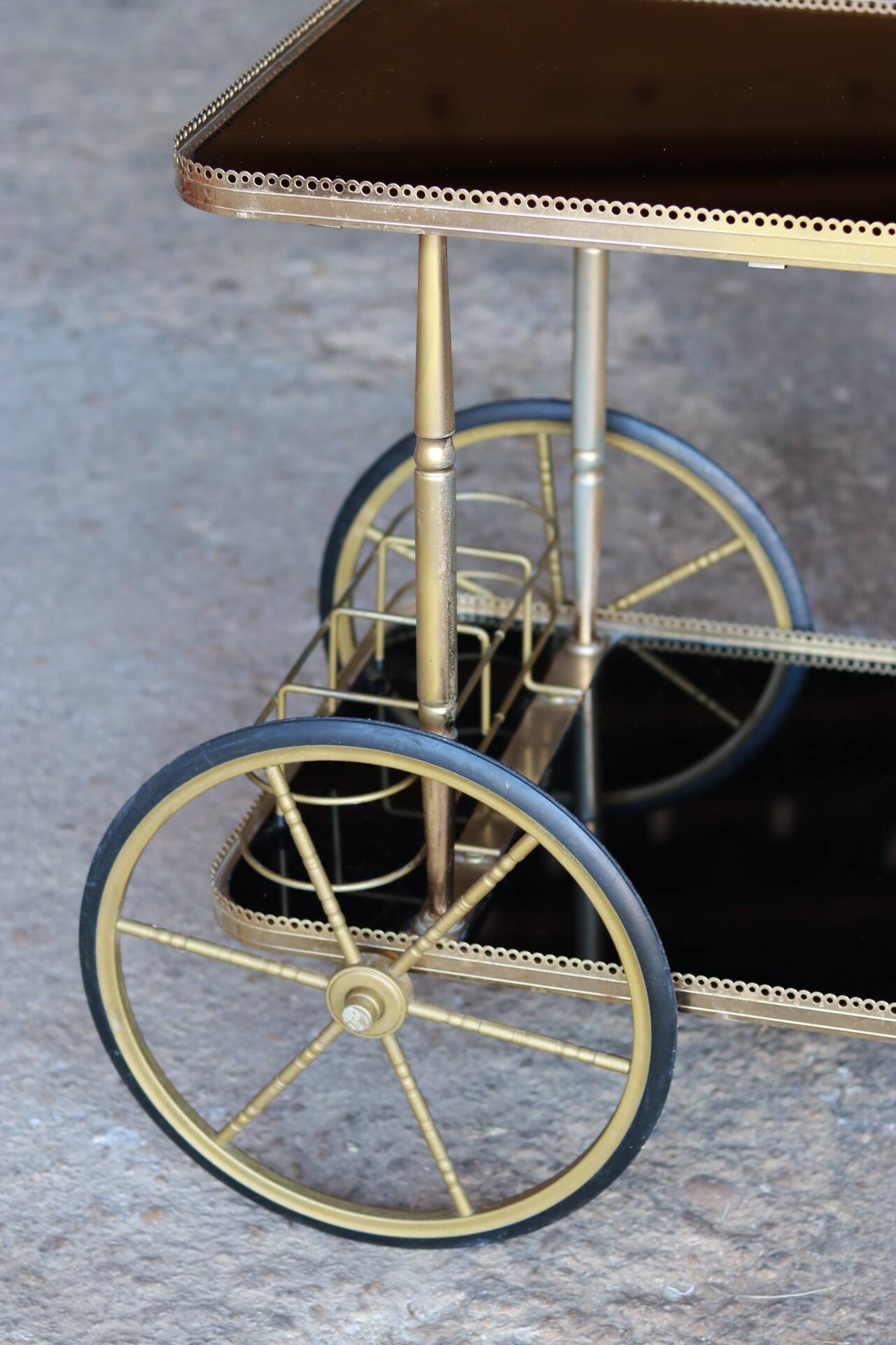 Serving trolley, vintage mini-bar in metal and smoked glass