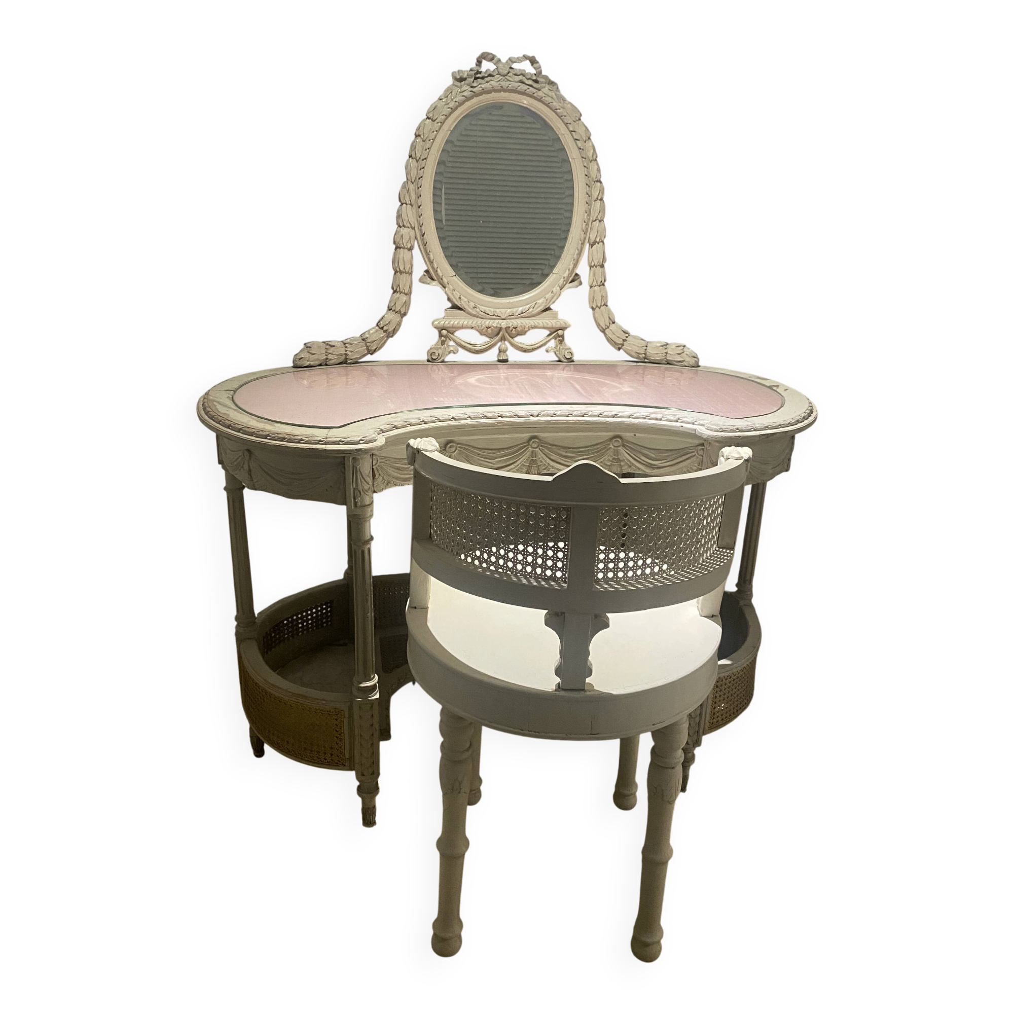 Hairdresser and her cane chair in Louis XVI style.