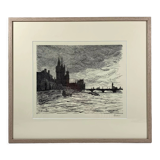 Lithographie paysage anglais du XIXème siècle "Parlement de Londres"  par Maximilien Luce