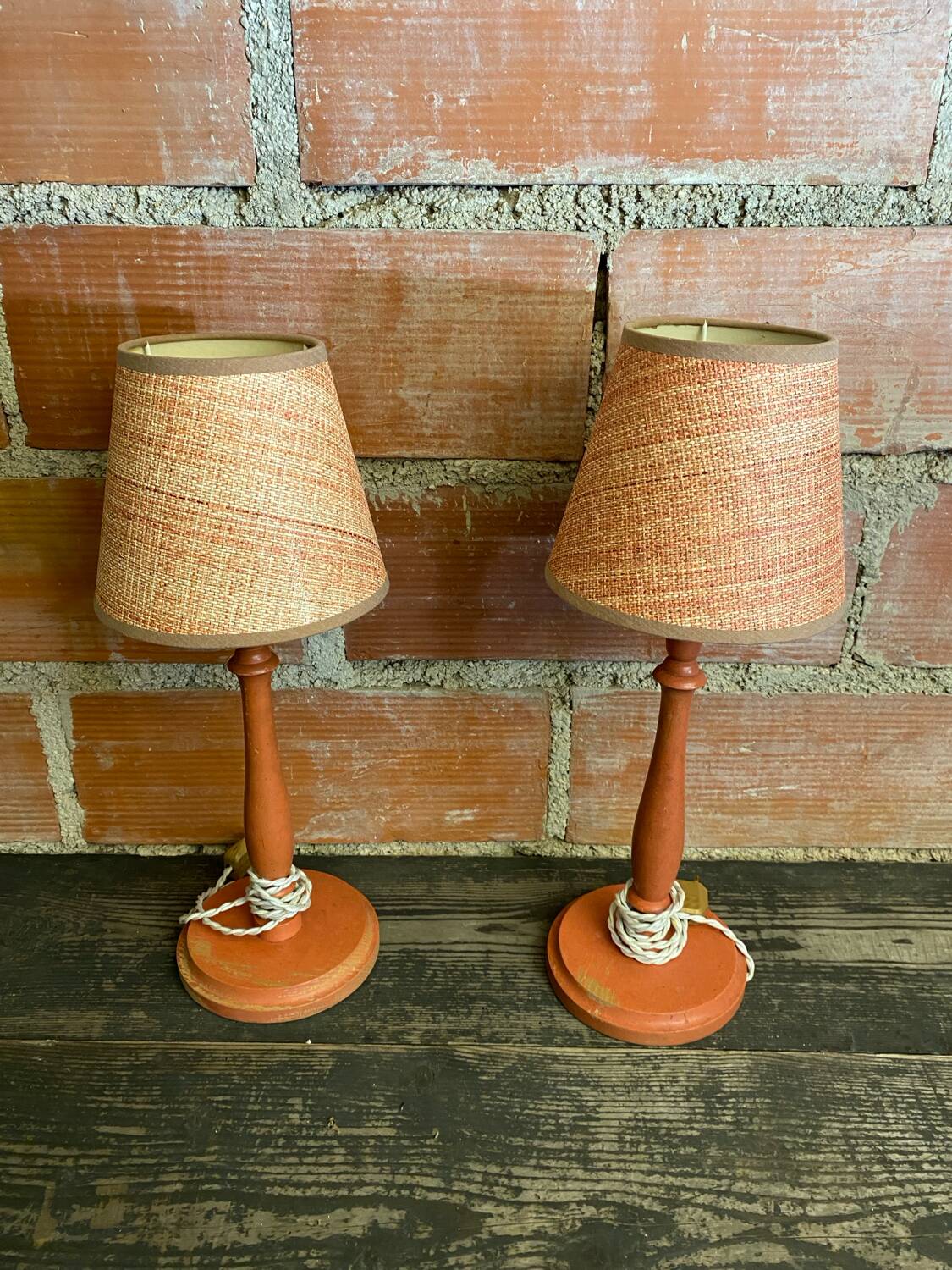 Pair of antique turned wood bedside lamps with push button switch