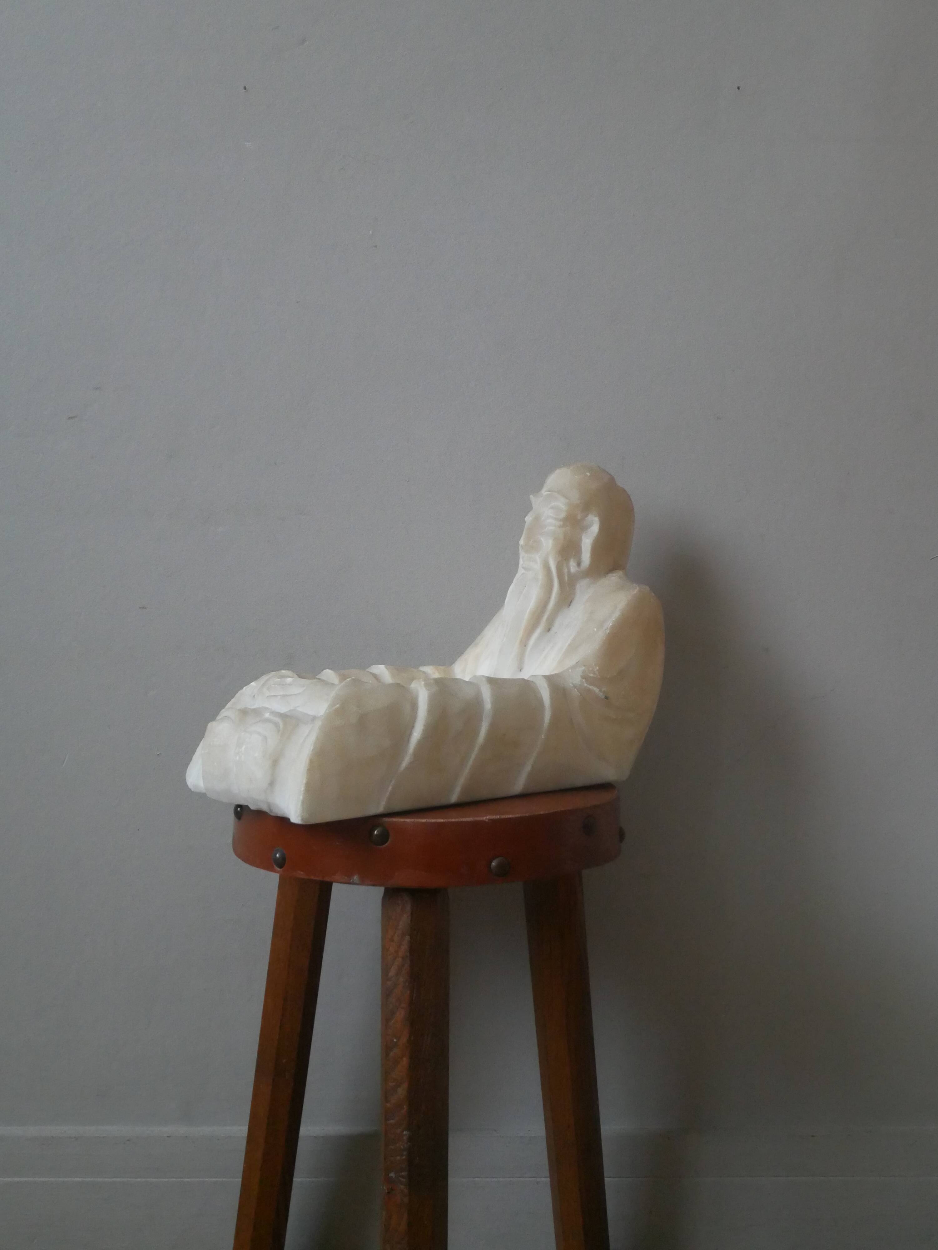 Alabaster sculpture empty pocket Asian decoration object handcrafted countryside seated man
