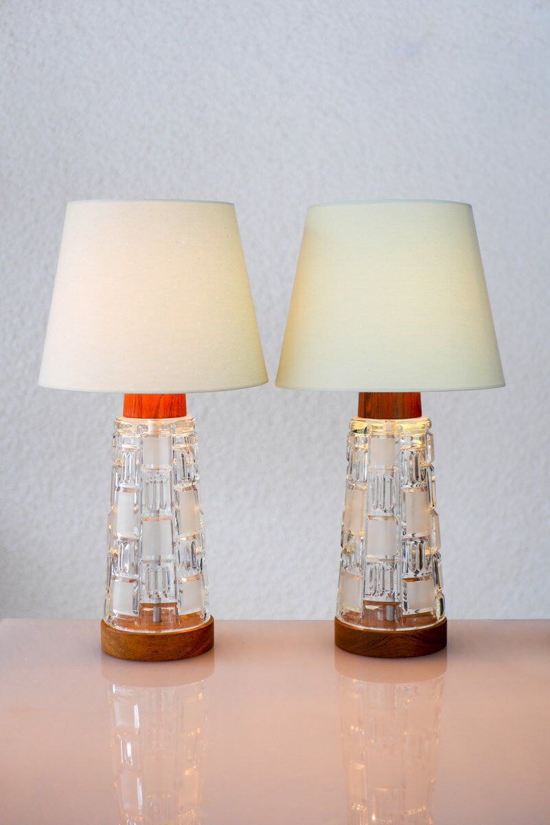 Mid-century modern Scandinavian teak and glass table lamps, set of 2