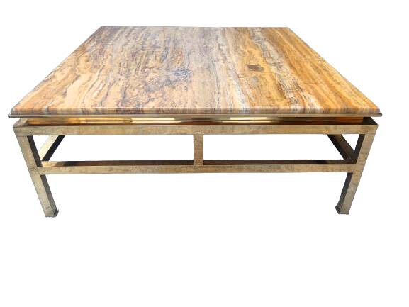Table basse Guy Lefevre maison Jansen, laiton doré et travertin