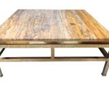 Table basse Guy Lefevre maison Jansen, laiton doré et travertin