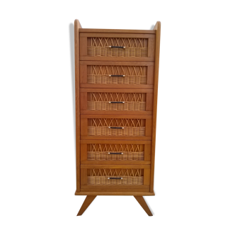 Commode haute rotin années 60
