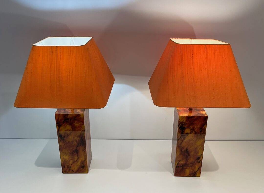 Pair of Plexiglass Lamps Imitating Tortoiseshell, French Work,