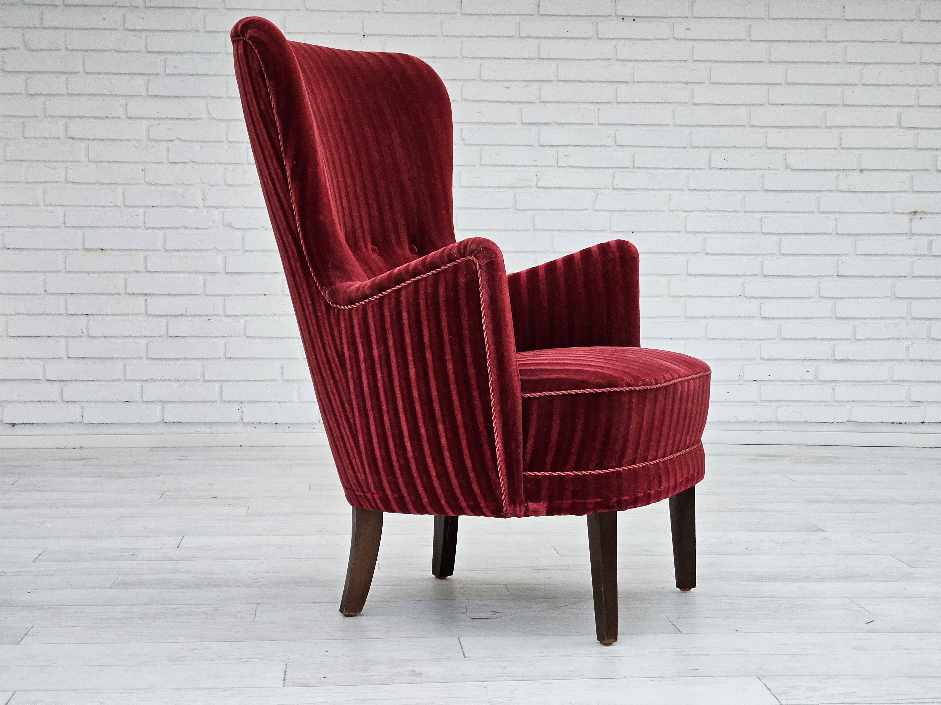 1960s, Danish armchair in cherry-red furniture velour, original condition.