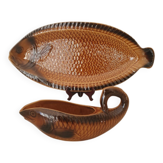 Sarreguemines / Large serving platter and matching fish-shaped sauce boat