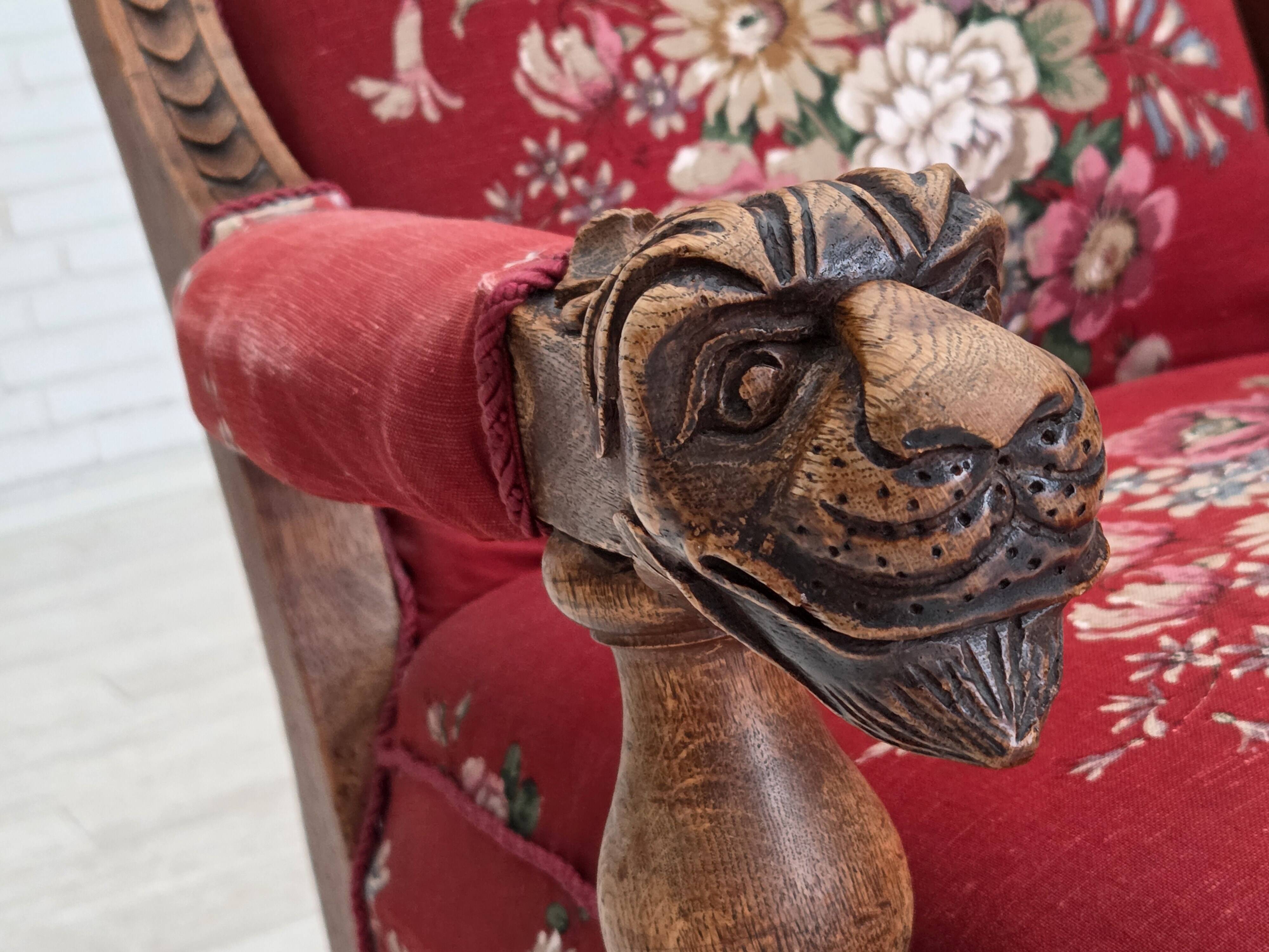 1920-30s, Danish armchair, furniture cotton fabric, hand carved oak wood.