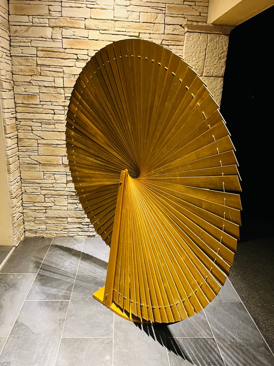 Large vintage wooden fan-shaped screen