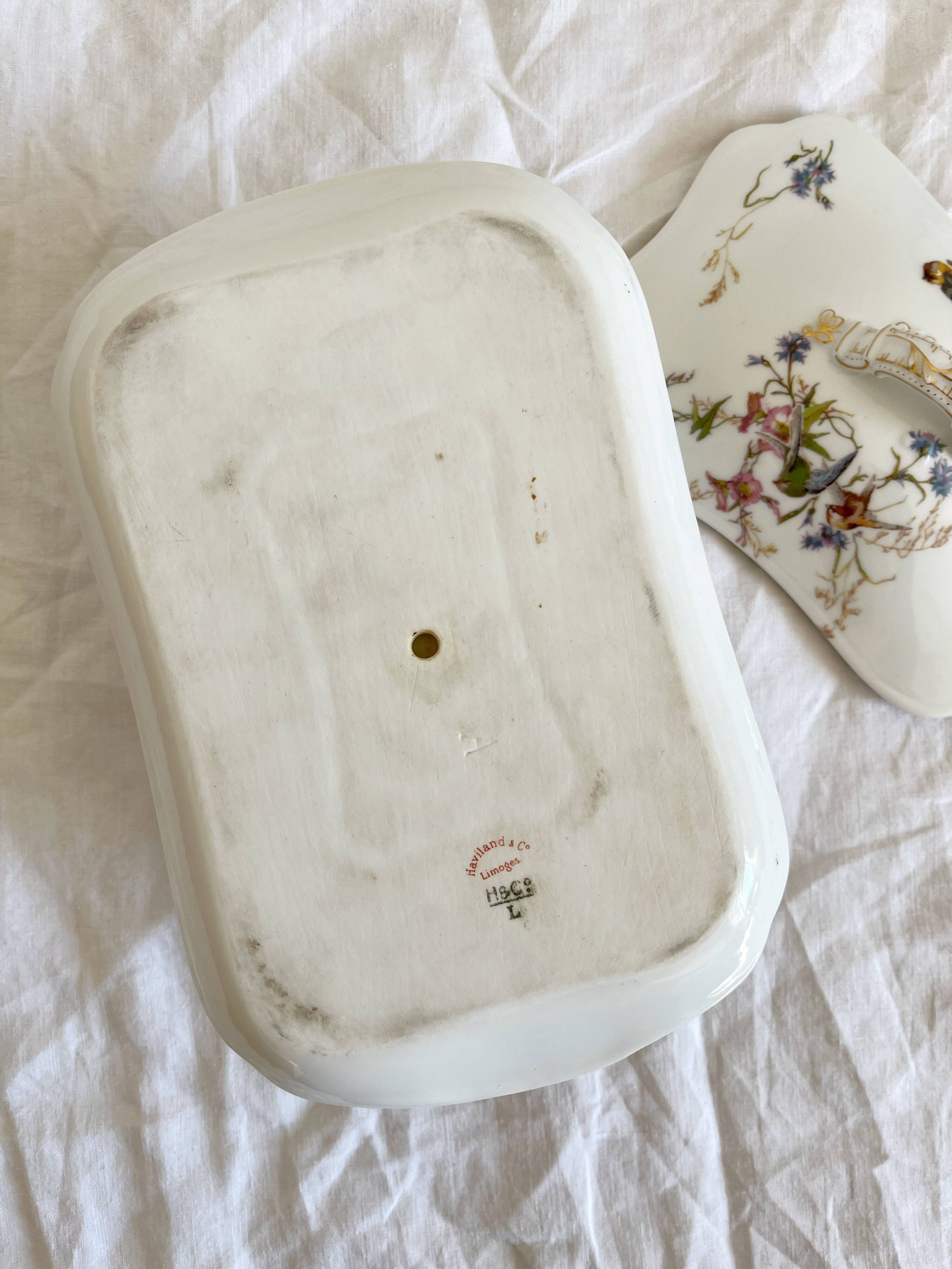 Antique Haviland Limoges porcelain sauce boat with lid, bird decor