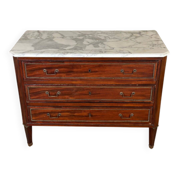 Louis XVI commode in mahogany with brass beading, arabescato marble top, 18th century