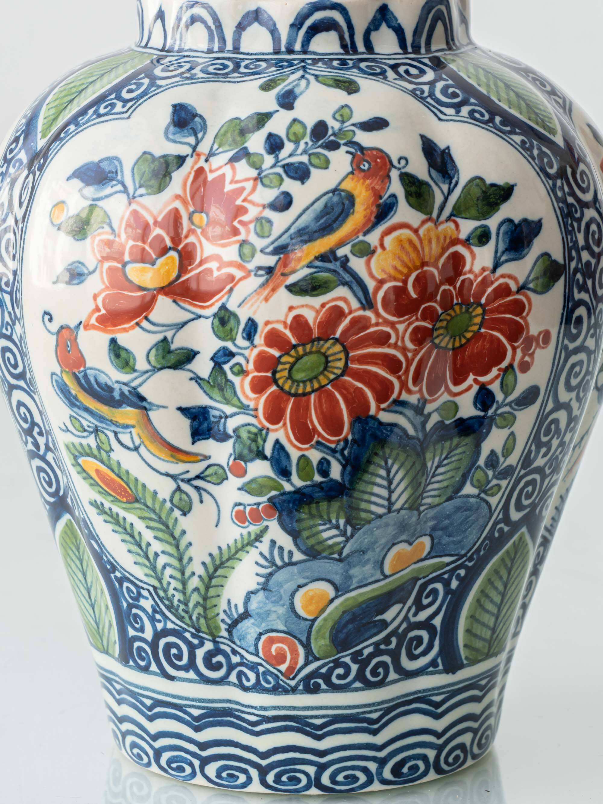 Delft Polychrome Chinoiserie Table Lamp, Tichelaar Makkum, New Silk Shade