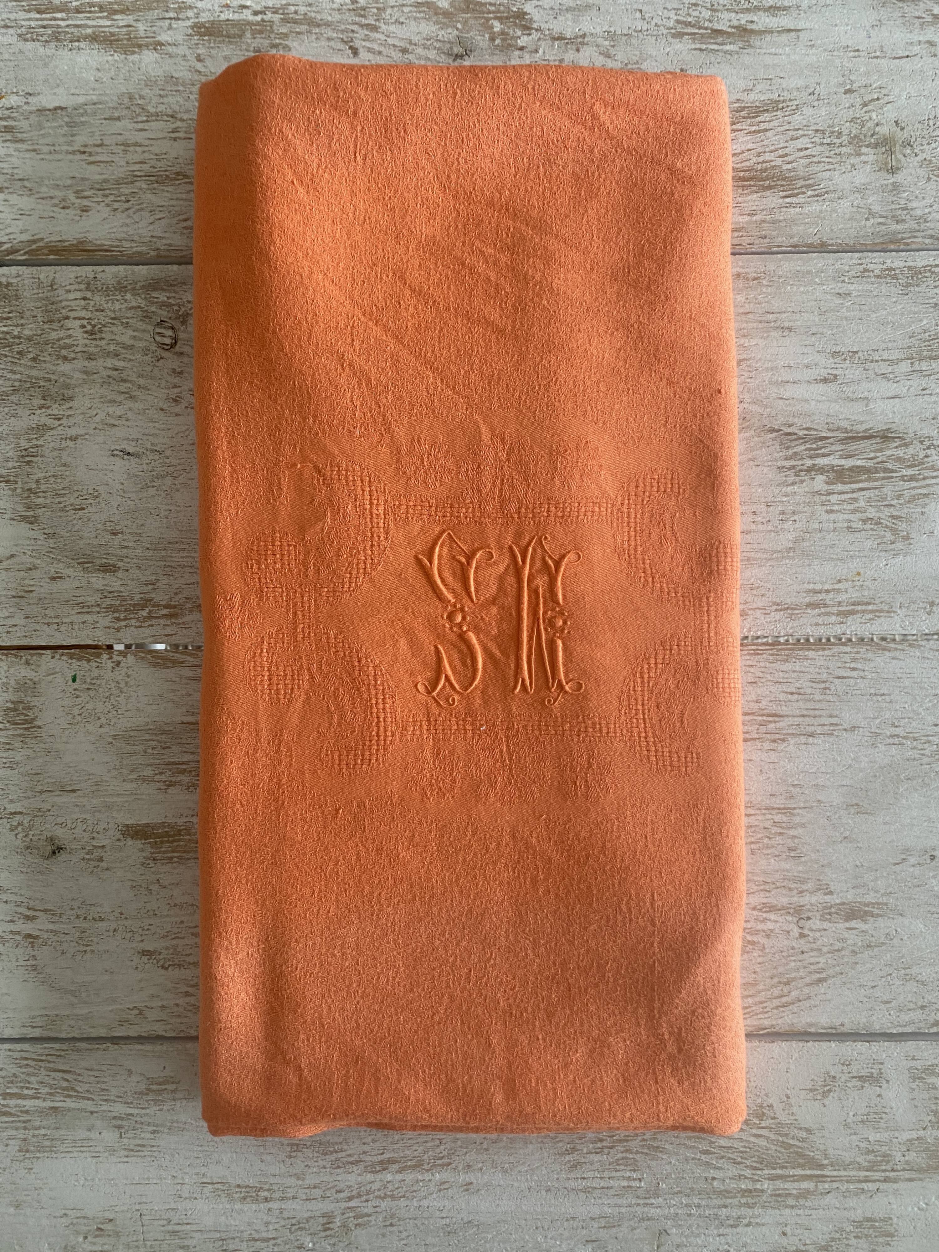 Antique dyed damask tablecloth, monogrammed SW or MS - cotton - 225x145 cm