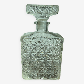 Carafe à whisky, eau, pointe de diamant, verre, année 60-70, bouchon, rectangle, décor étoiles, déco