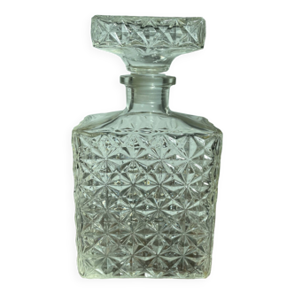 Carafe à whisky, eau, pointe de diamant, verre, année 60-70, bouchon, rectangle, décor étoiles, déco