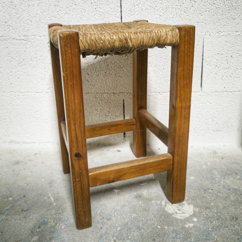 Square stool wood & straw