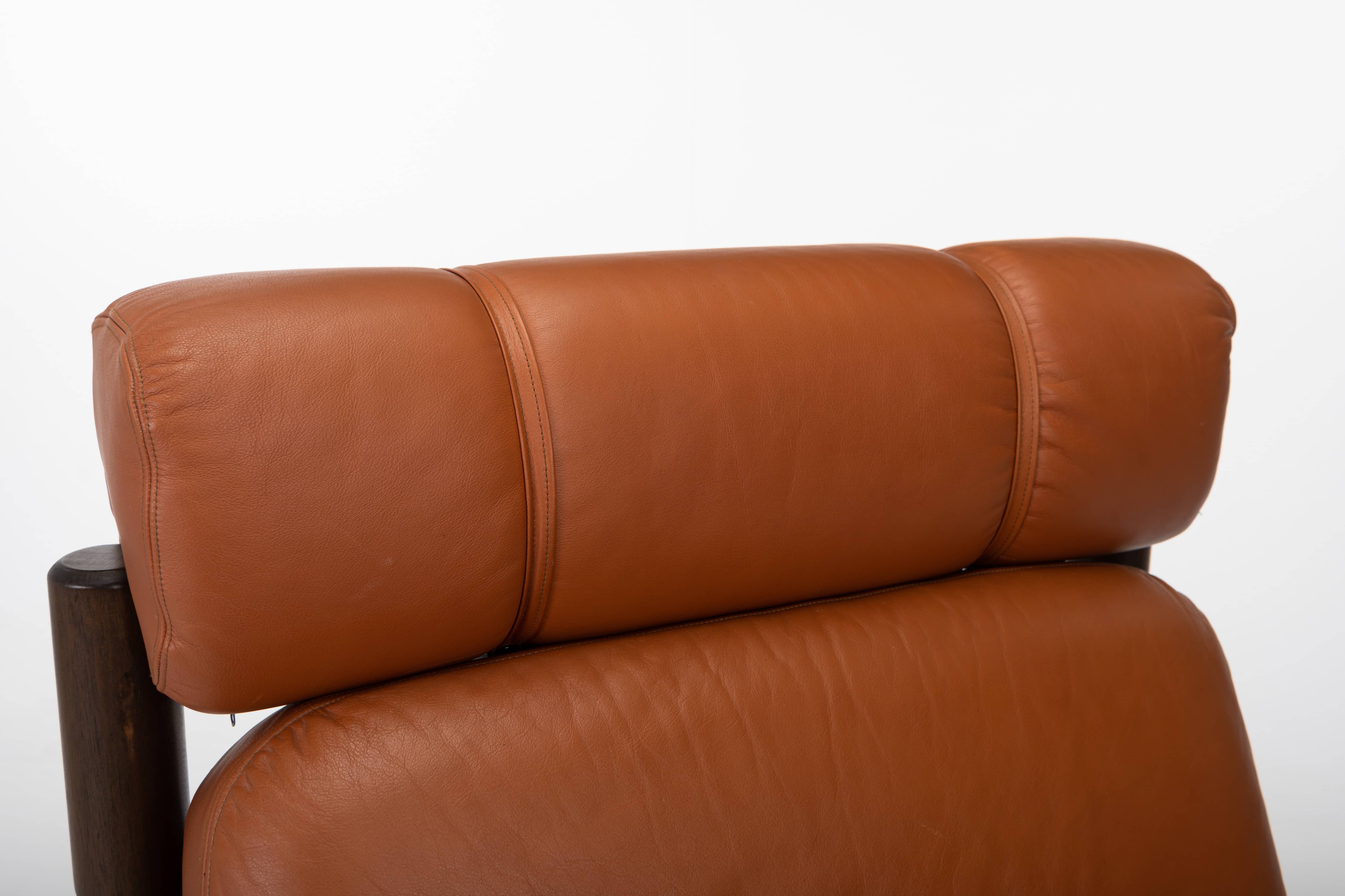 Brutalist Lounge Chair and Ottoman in Cognac Leather , 1970s