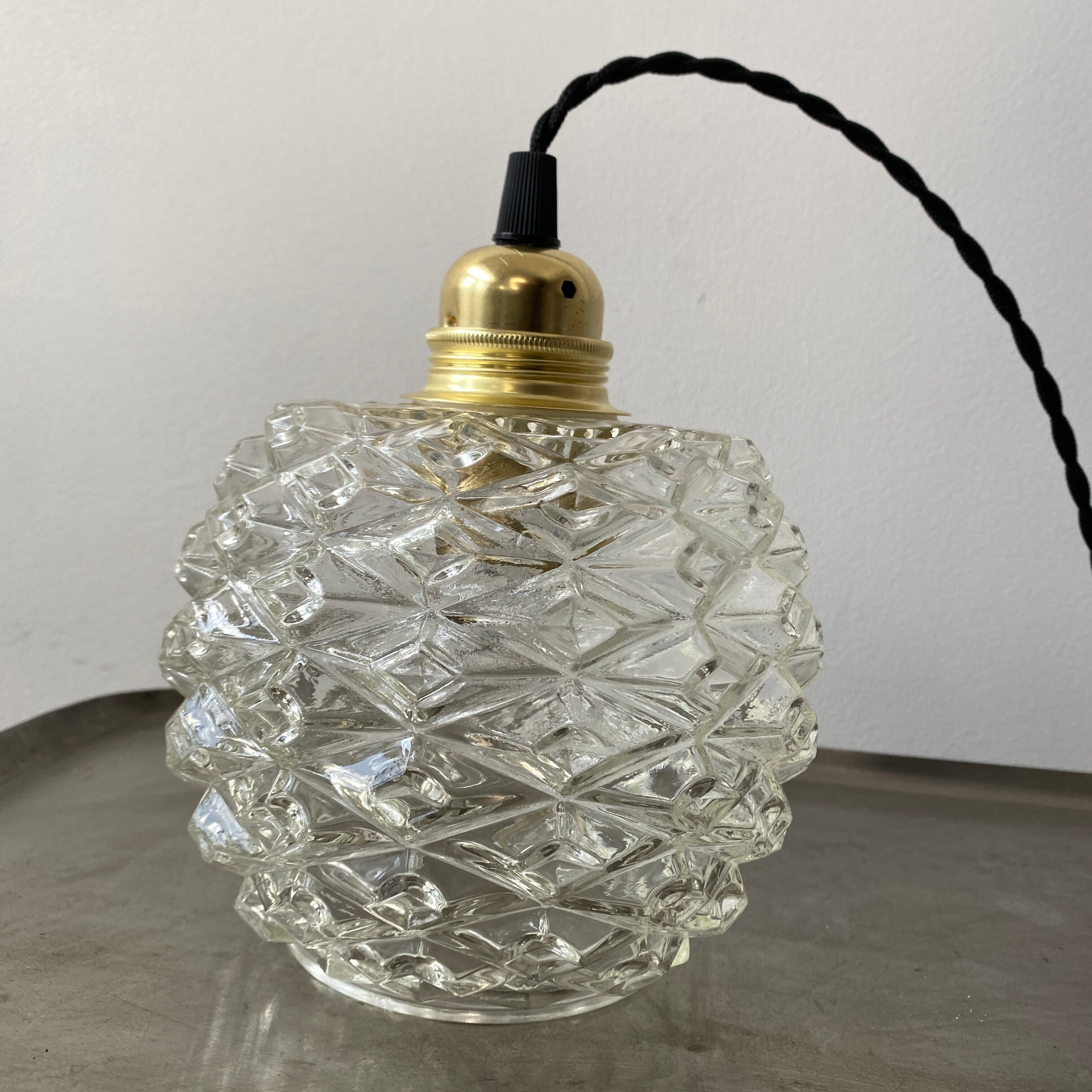 Pair of vintage molded glass pendant lamps