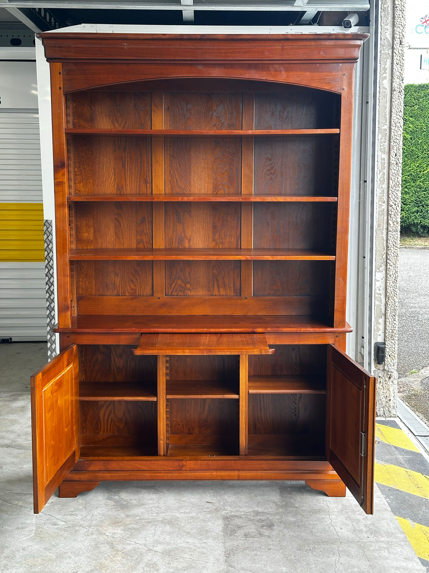 Solid cherry wood library with sliding writing desk - 20th century