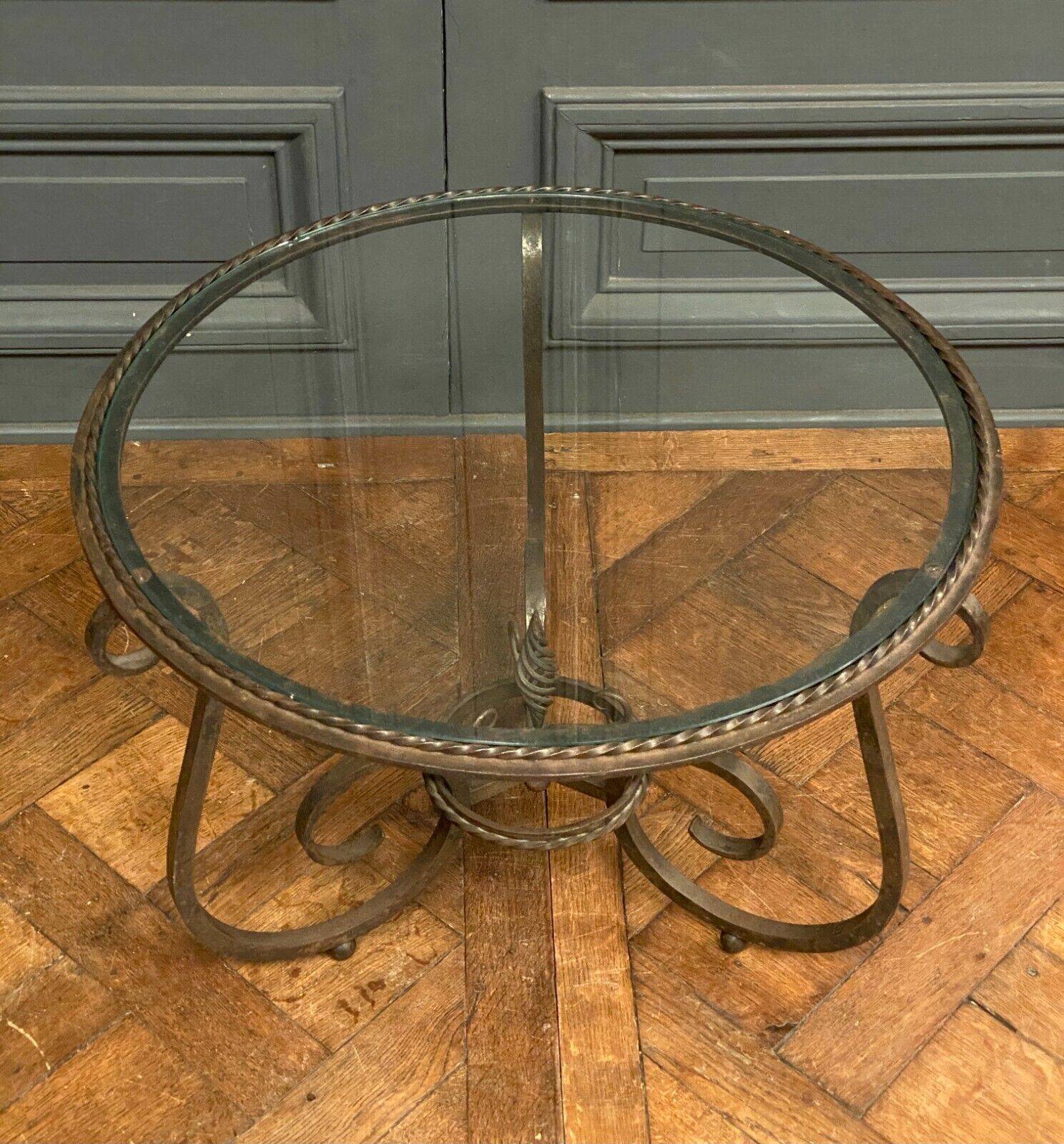 Ironwork pedestal table 1930 Art Deco glass top