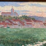 Oil painting representing a village signed and dated 1921