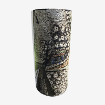 Vase artisanal émail beige brun motif abstrait