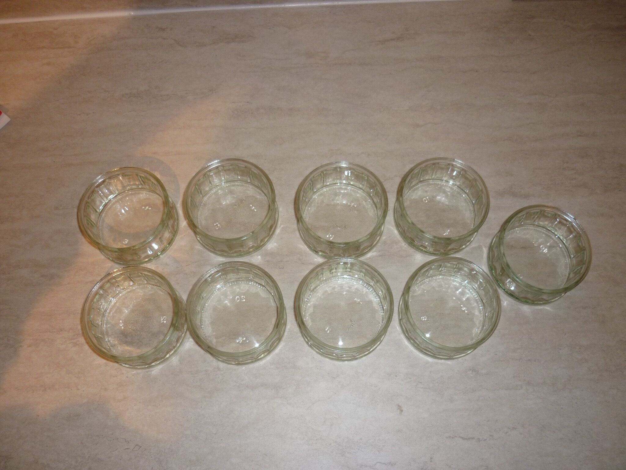 9 ramekins in vintage pressed and molded glass