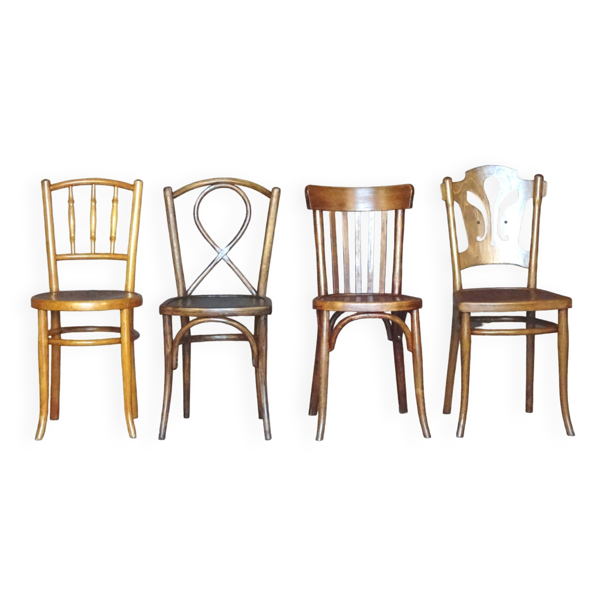 Set of 4 bistro chairs, wooden seats 1925