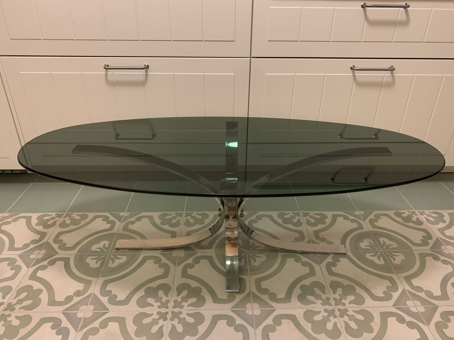 Oval coffee table design Circa glass and chrome 1970s