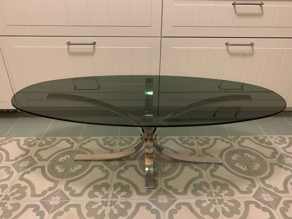 Table basse ovale design Circa verre et chrome années 70