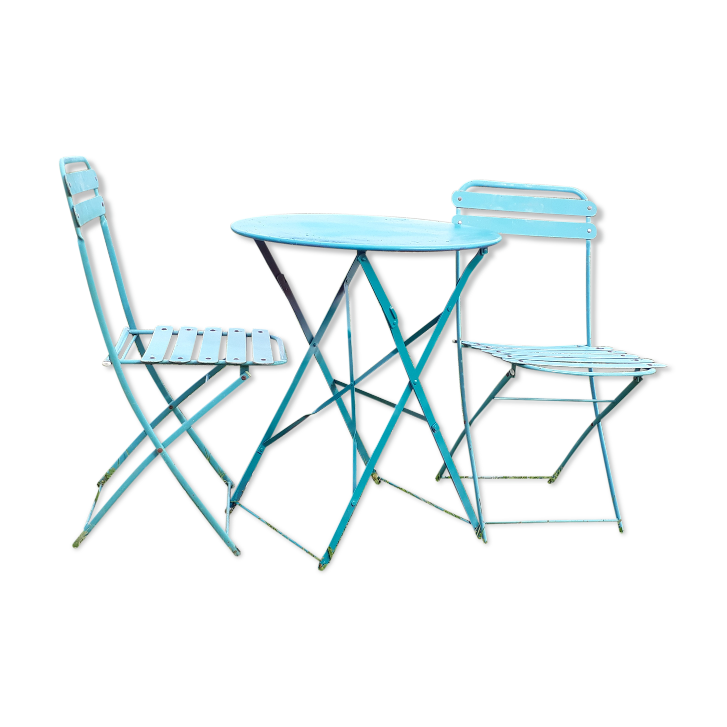 Table garden set and 2 folding metal chairs