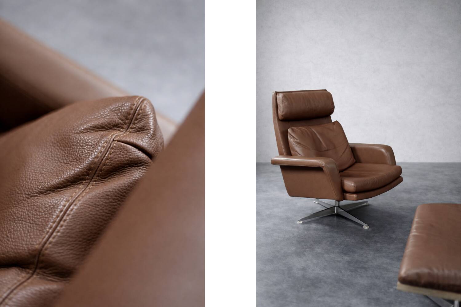 Vintage Mid-Century Danish Modern Brown Leather Swivel Chair and Ottoman