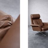 Vintage Mid-Century Danish Modern Brown Leather Swivel Chair and Ottoman