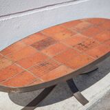 Jean Jaffeux coffee table, glazed lava stone table with wrought iron structure, 60's