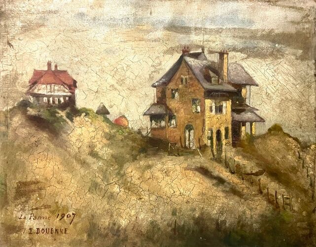 Peinture à l’huile, maisons sur la côte du nord de la France 1910