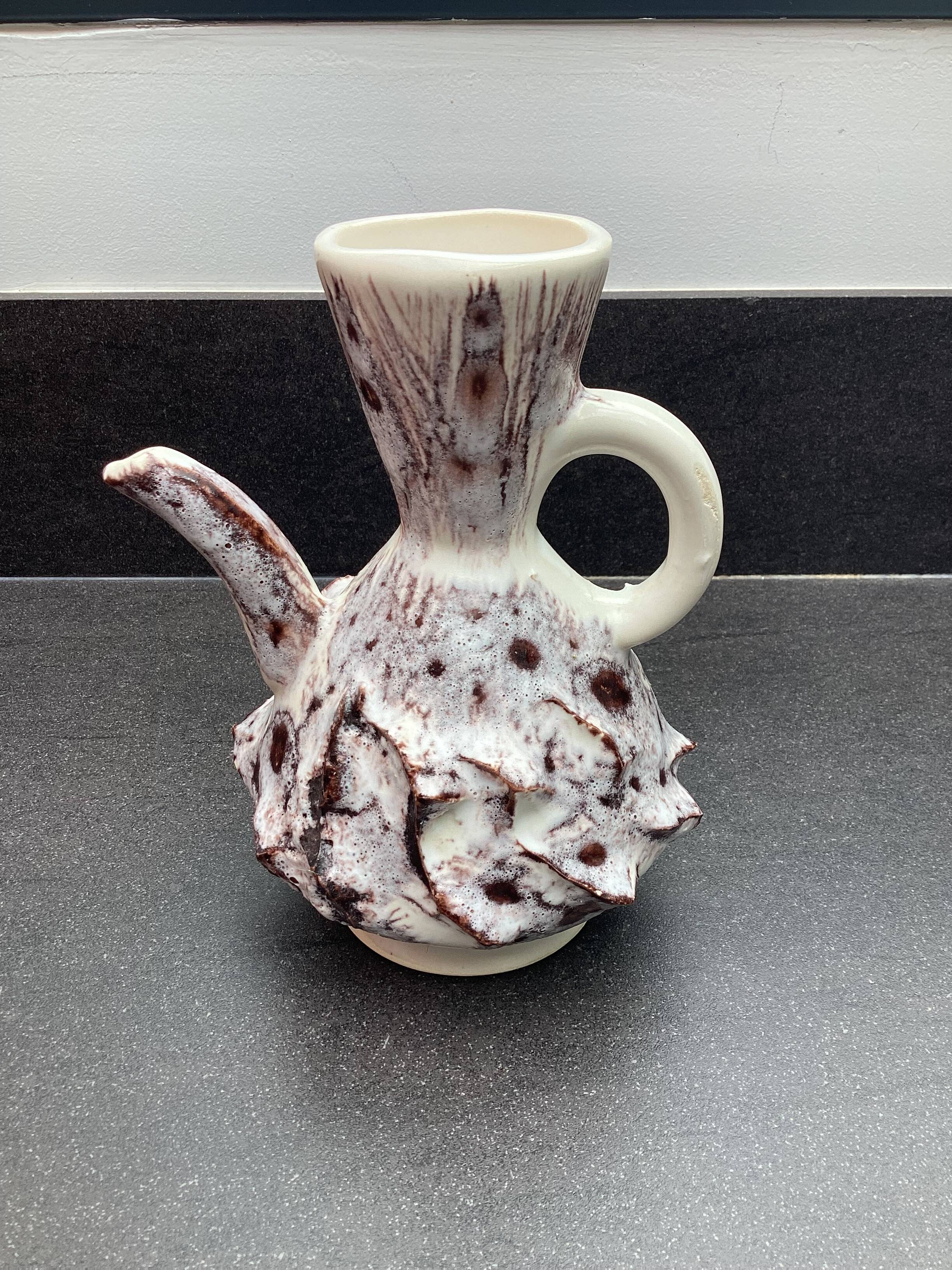 Sea foam ceramic pitcher vase, Vallauris, attributed to JAK
