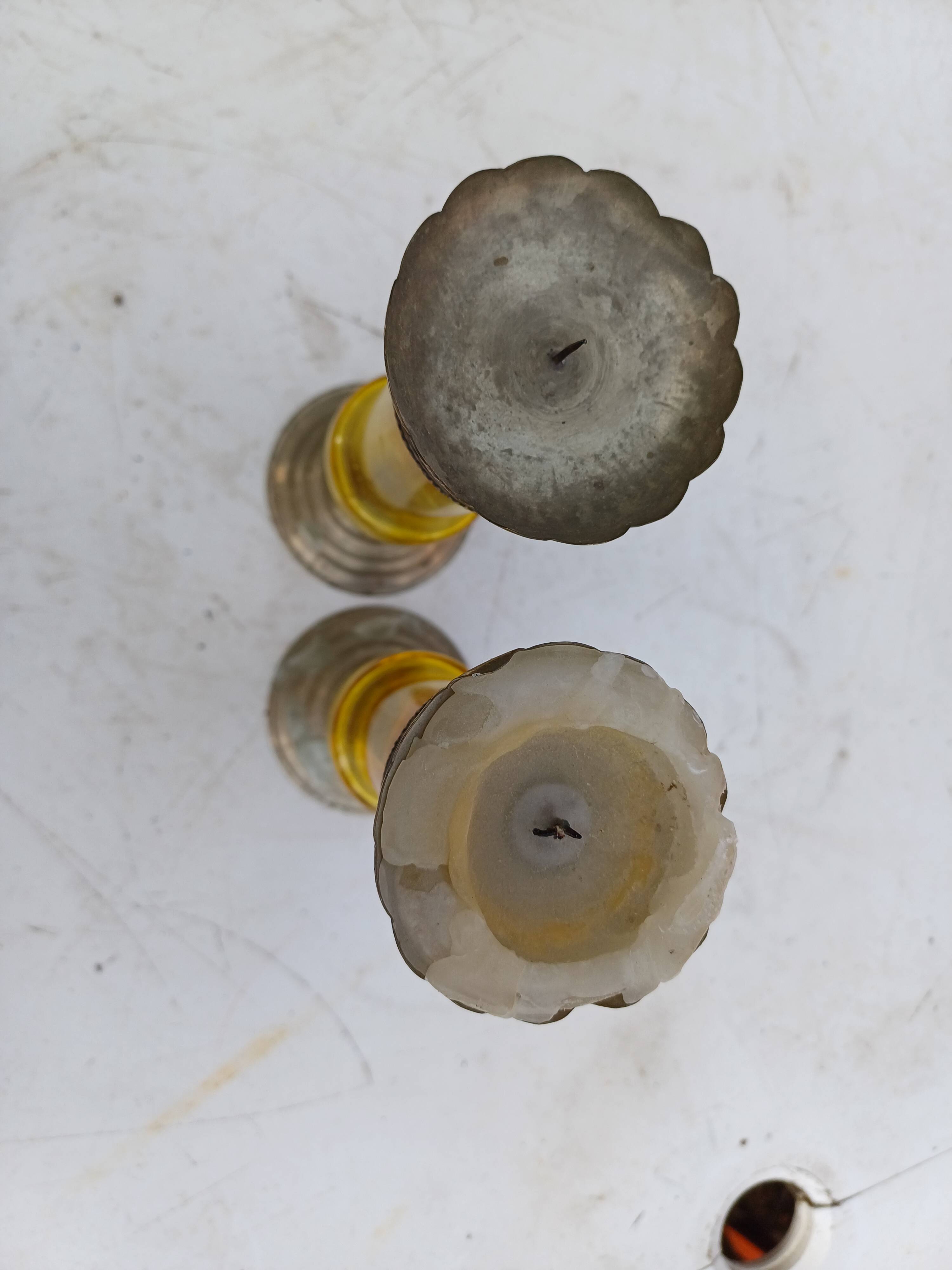 Pair of Silver Metal Candlesticks, Yellow Glass