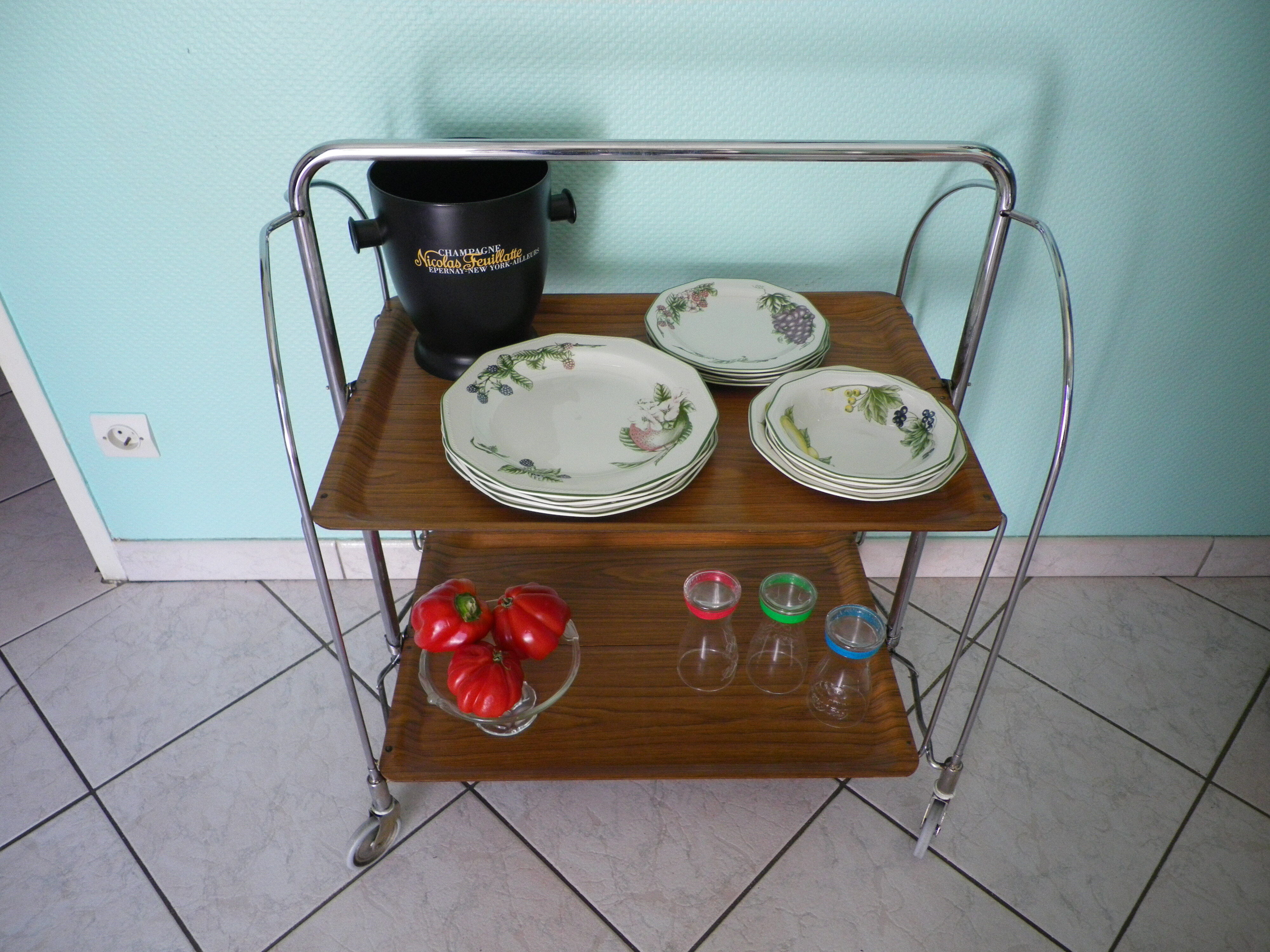 Dessert, extra furniture, folding, on wheels, formica, chrome metal, 60s